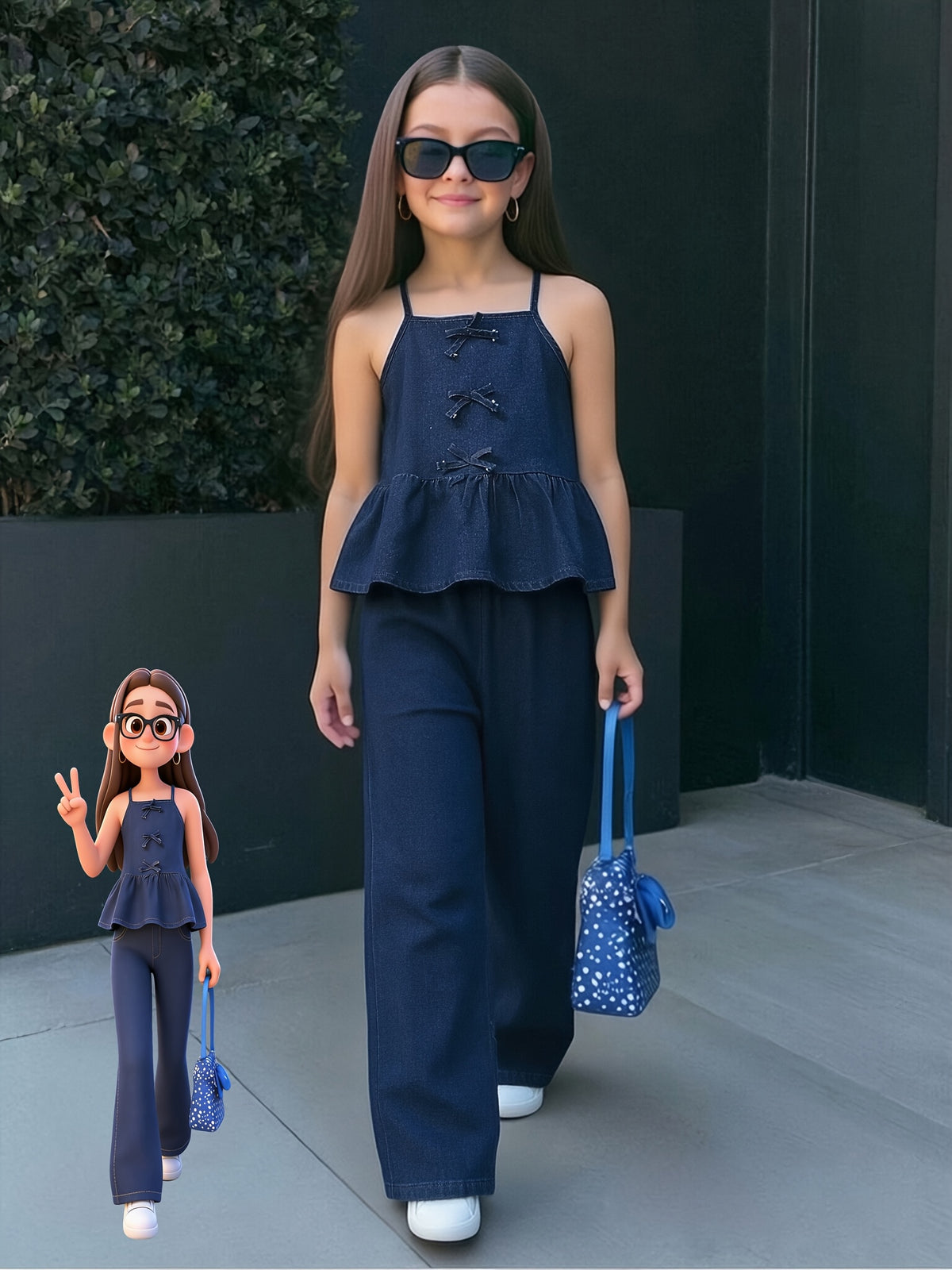 Conjunto de 2 Piezas de Camisola de Mezclilla con Volantes y Lazos + Pantalón Largo Recto para Niñas (Estilo Casual y Moderno para Primavera/Verano) (8Y - 12Y)