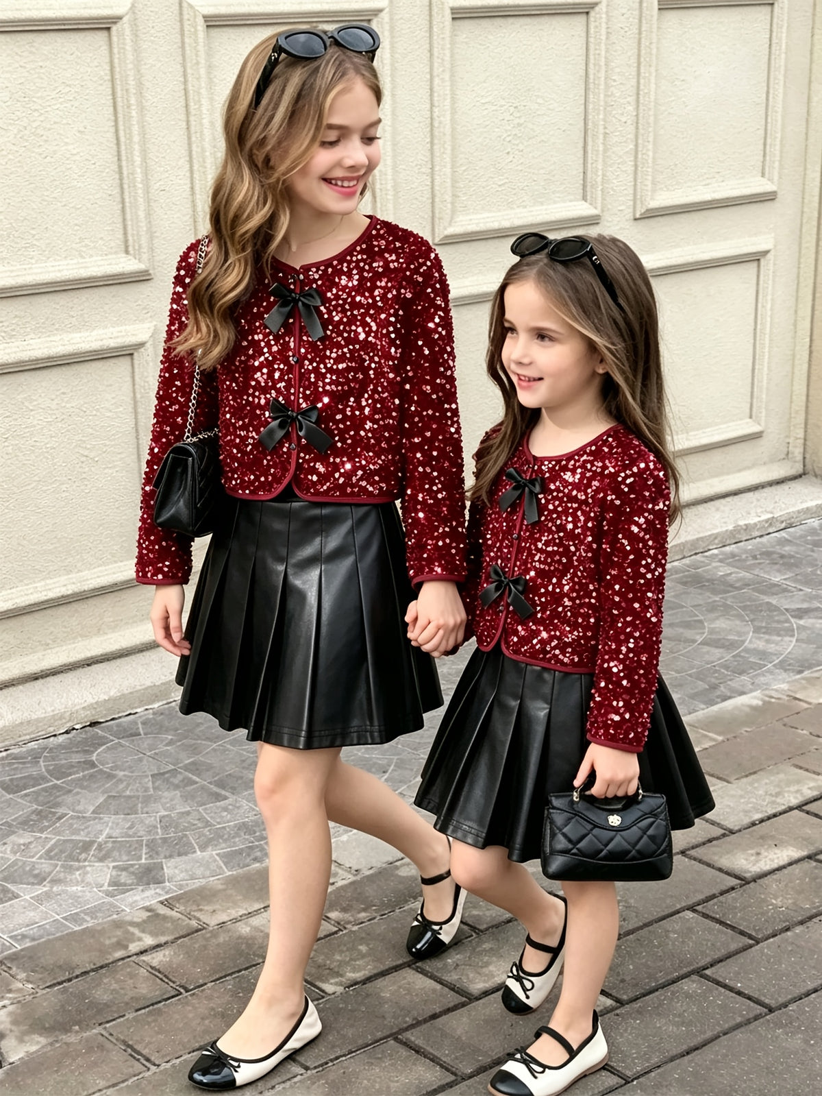 Conjunto Elegante de Chaqueta Burdeos con Lentejuelas y Falda Plisada Negra para Niñas (Estilo Retro y Moderno para Primavera y Otoño) (Solo Talla 11Y)