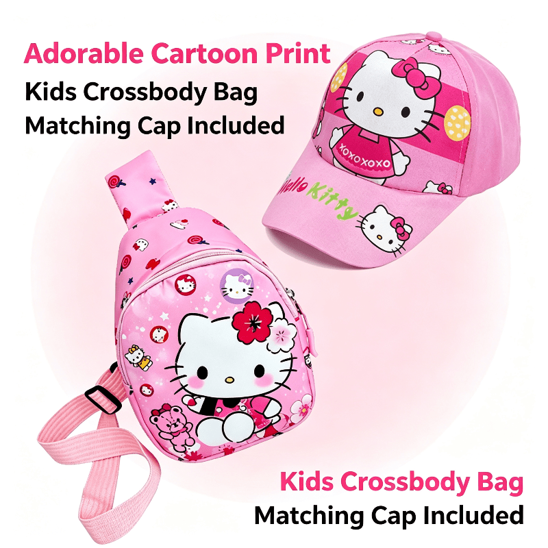 Set de 2 Piezas Sanrio Hello Kitty: Mini Mochila Cruzada de Un Hombro y Gorra Infantil (Estilo Dulce y Casual)