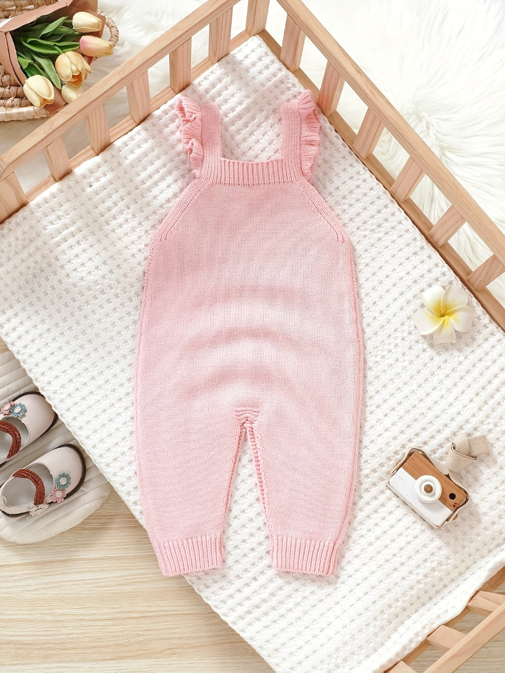 Conjunto de Body Tejido de Punto para Bebé Niña en Color Rosa con Bordado Floral y Volantes (Estilo Dulce para Otoño e Invierno) (1M - 12M)