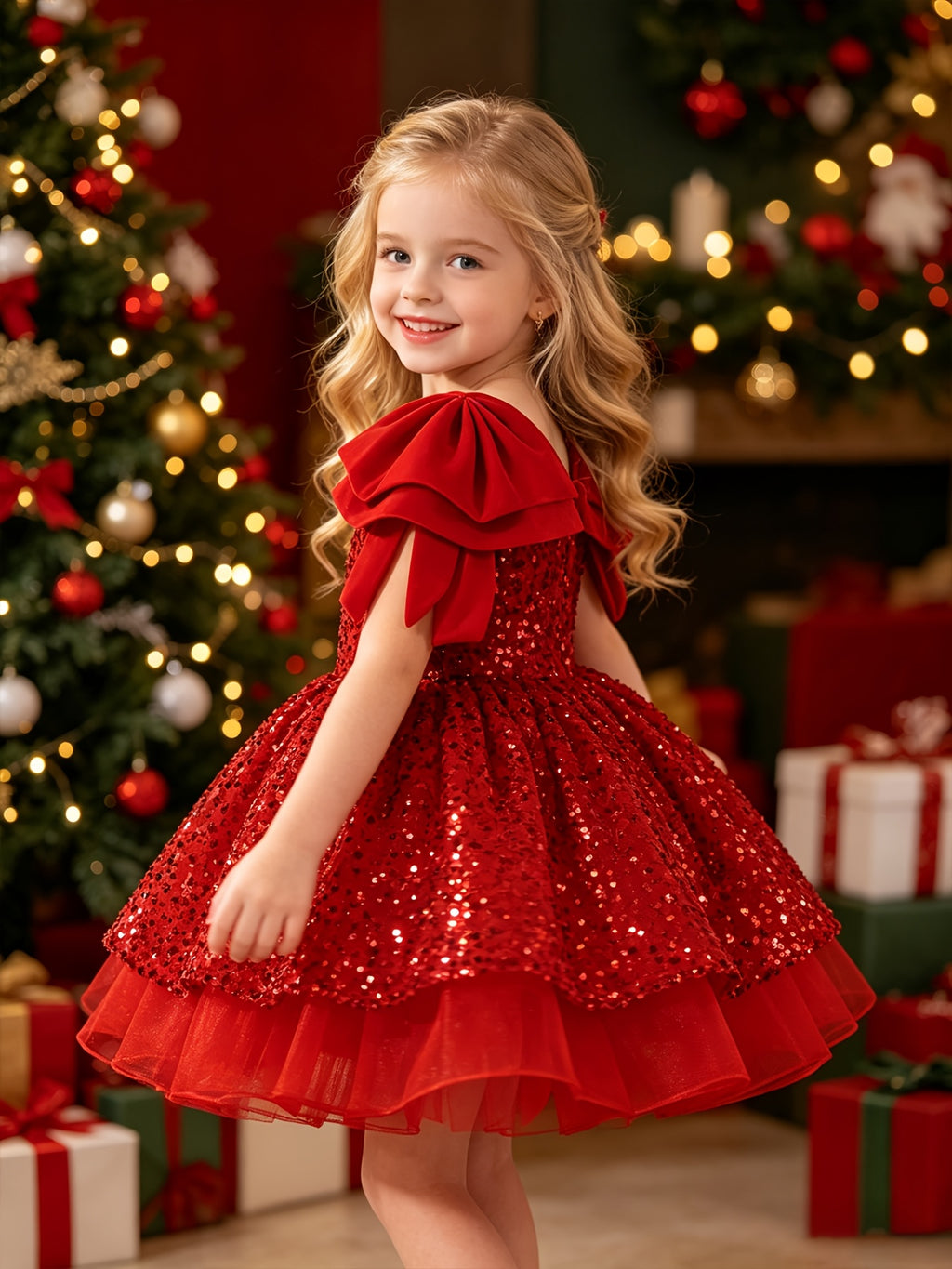 Vestido de Princesa para Niña: Vestido de Noche y Fiesta de Navidad con Lentejuelas Brillantes y Falda de Tul (Estilo Banquetes) (4 - 8Y)