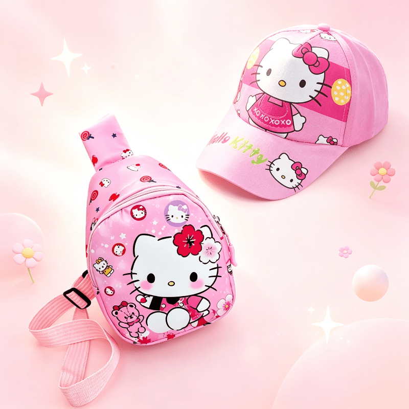 Set de 2 Piezas Sanrio Hello Kitty: Mini Mochila Cruzada de Un Hombro y Gorra Infantil (Estilo Dulce y Casual)