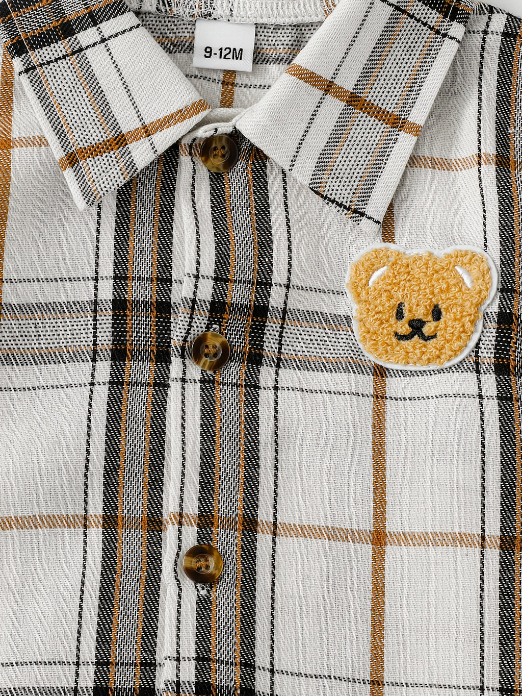 Conjunto de 2 Piezas para Bebé con Camisa de Cuadros, Parche de Oso y Pantalón de Pana (Atuendo Casual, Estilo Preppy de Otoño/Primavera) (6M - 12M)
