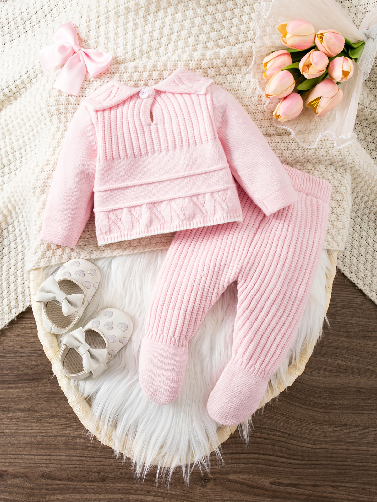 Conjunto de Ropa Tejida de Manga Larga con Lazo para Bebé Niña (Suéter con Cuello y Pantalón con Pies en Color Rosa, Estilo Elegante para Primavera) (1M - 9M)