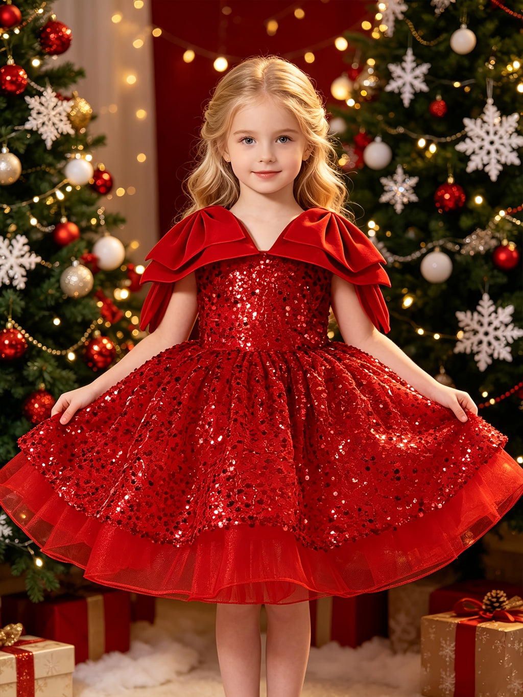 Vestido de Princesa para Niña: Vestido de Noche y Fiesta de Navidad con Lentejuelas Brillantes y Falda de Tul (Estilo Banquetes) (4 - 8Y)