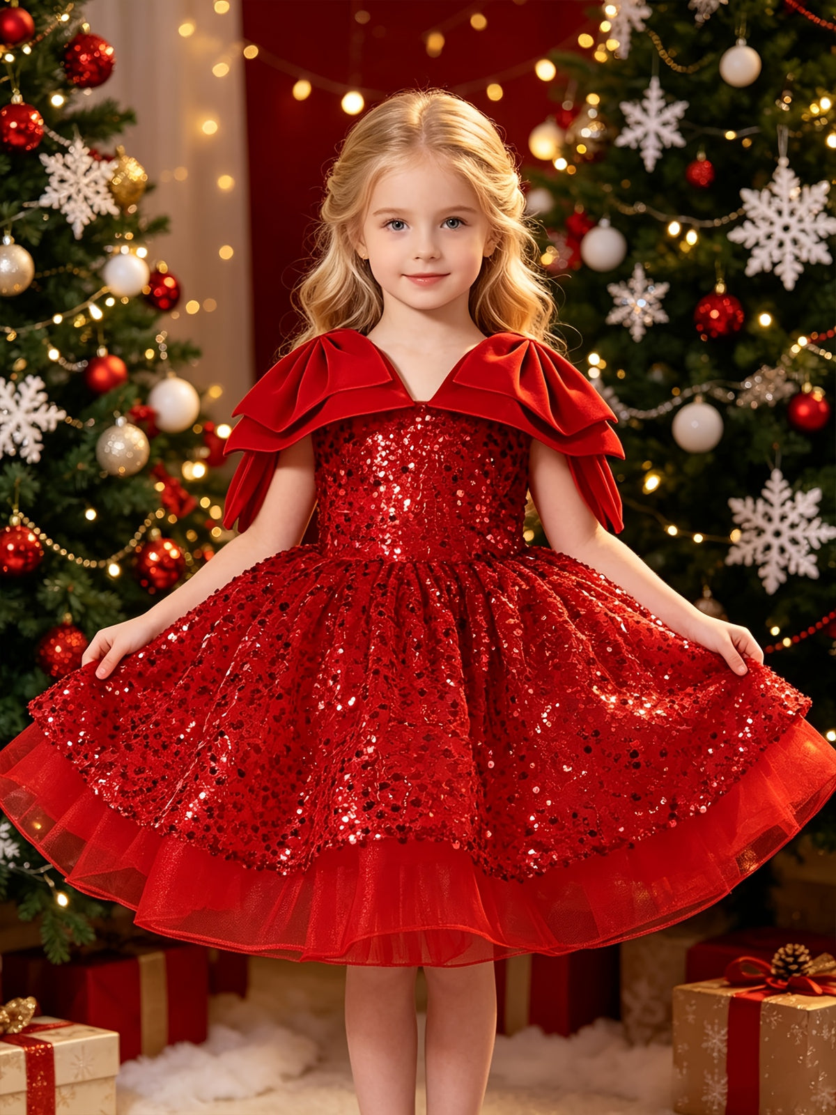 Vestido de Princesa para Niña: Vestido de Noche y Fiesta de Navidad con Lentejuelas Brillantes y Falda de Tul (Estilo Banquetes) (4 - 8Y)