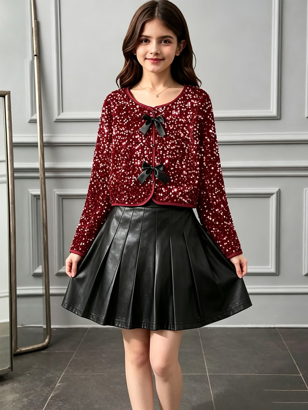 Conjunto Elegante de Chaqueta Burdeos con Lentejuelas y Falda Plisada Negra para Niñas (Estilo Retro y Moderno para Primavera y Otoño) (Solo Talla 11Y)