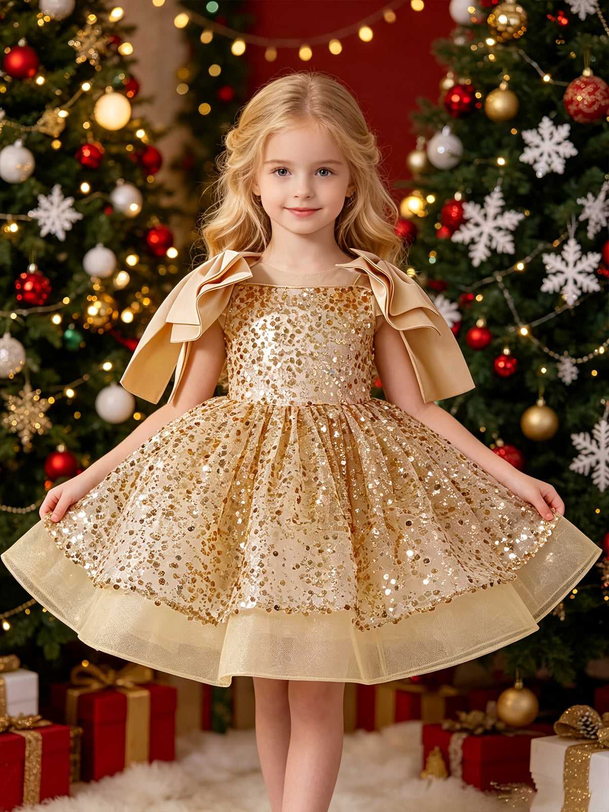 Vestido de Princesa para Niña: Vestido de Noche y Fiesta Dorada con Lentejuelas Brillantes, Volantes en los Hombros y Falda de Tul (Estilo Banquetes y Navidad) (Solo 7 - 8Y)