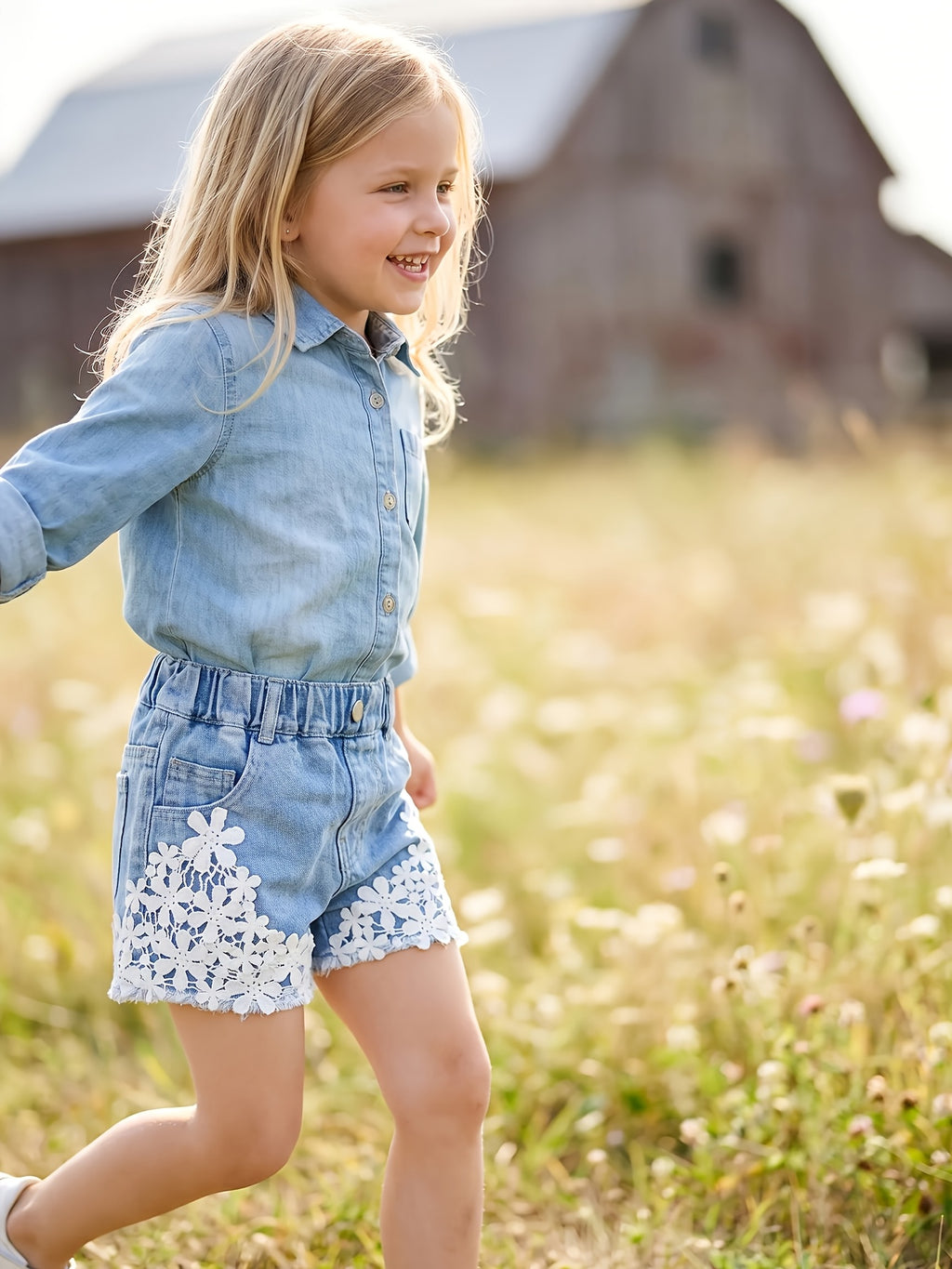 Shorts de Mezclilla para Niñas con Ribete de Encaje Floral y Cintura Completamente Elástica (Estilo Adorable y Versátil para Verano y Vacaciones) (Solo Talla 5Y)