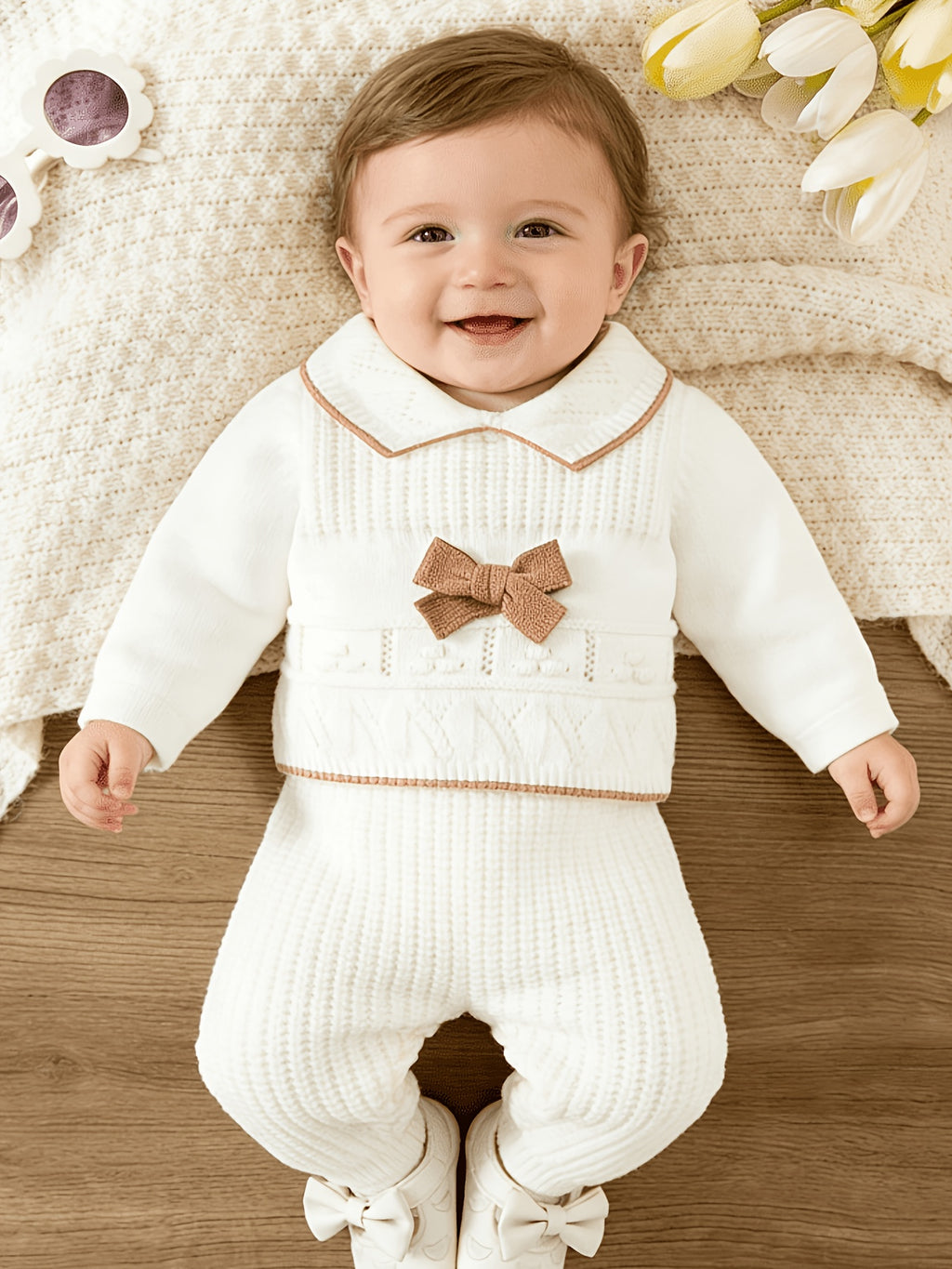 Conjunto de Ropa Tejida de Manga Larga con Lazo para Bebé en Color Blanco y Marrón (Suéter con Cuello y Pantalón con Pies, Estilo Elegante para Primavera) (1M - 9M)