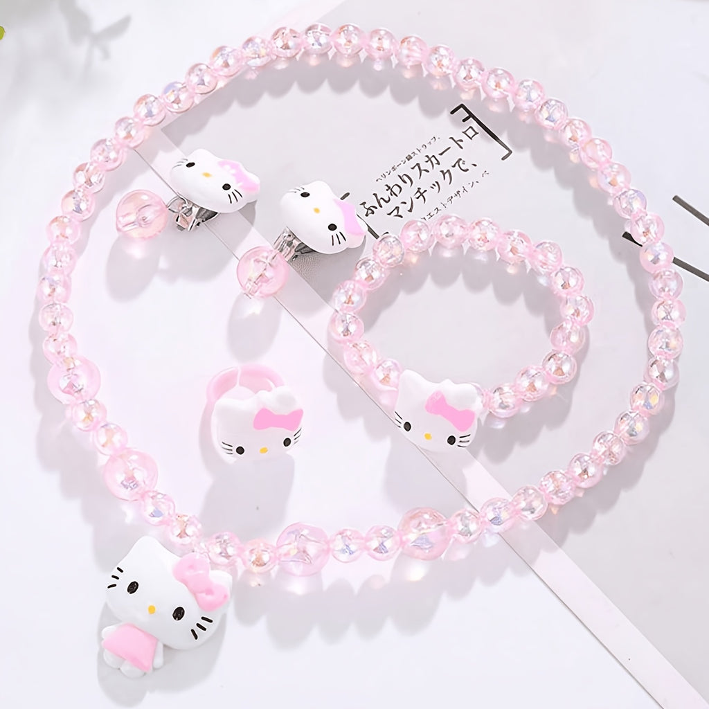 Conjunto de Joyería Infantil de 5 Piezas: Collar, Pulsera, Anillo y Aretes con Dije de Gato y Cuentas Acrílicas Rosas (Estilo Kawaii)