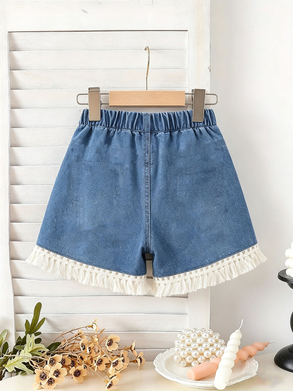 Shorts de Mezclilla Lavada para Niñas con Borlas y Lazos Decorativos (Estilo Casual y de Moda para Verano) (Talla 4Y y 5Y)