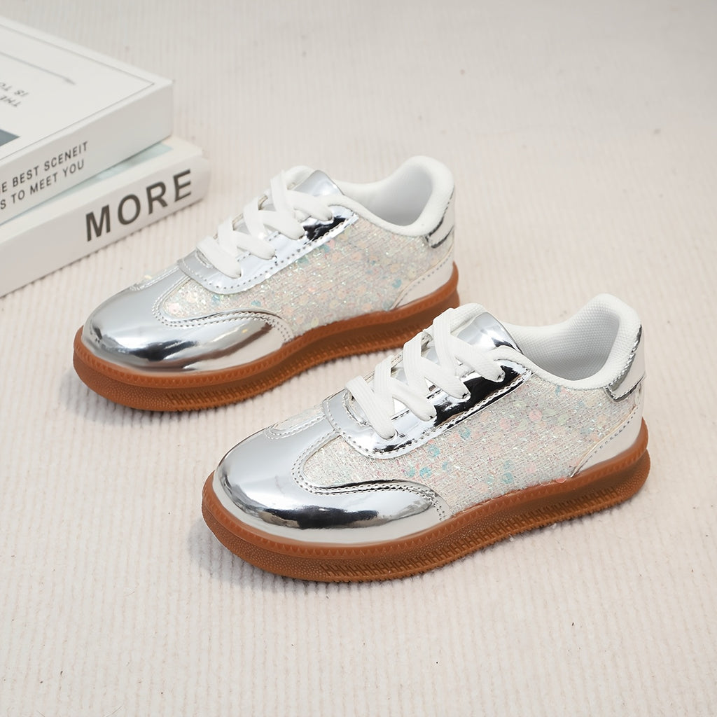 Zapatillas Deportivas Casuales con Purpurina, Lentejuelas y Acabado Metalizado Plateado para Niña