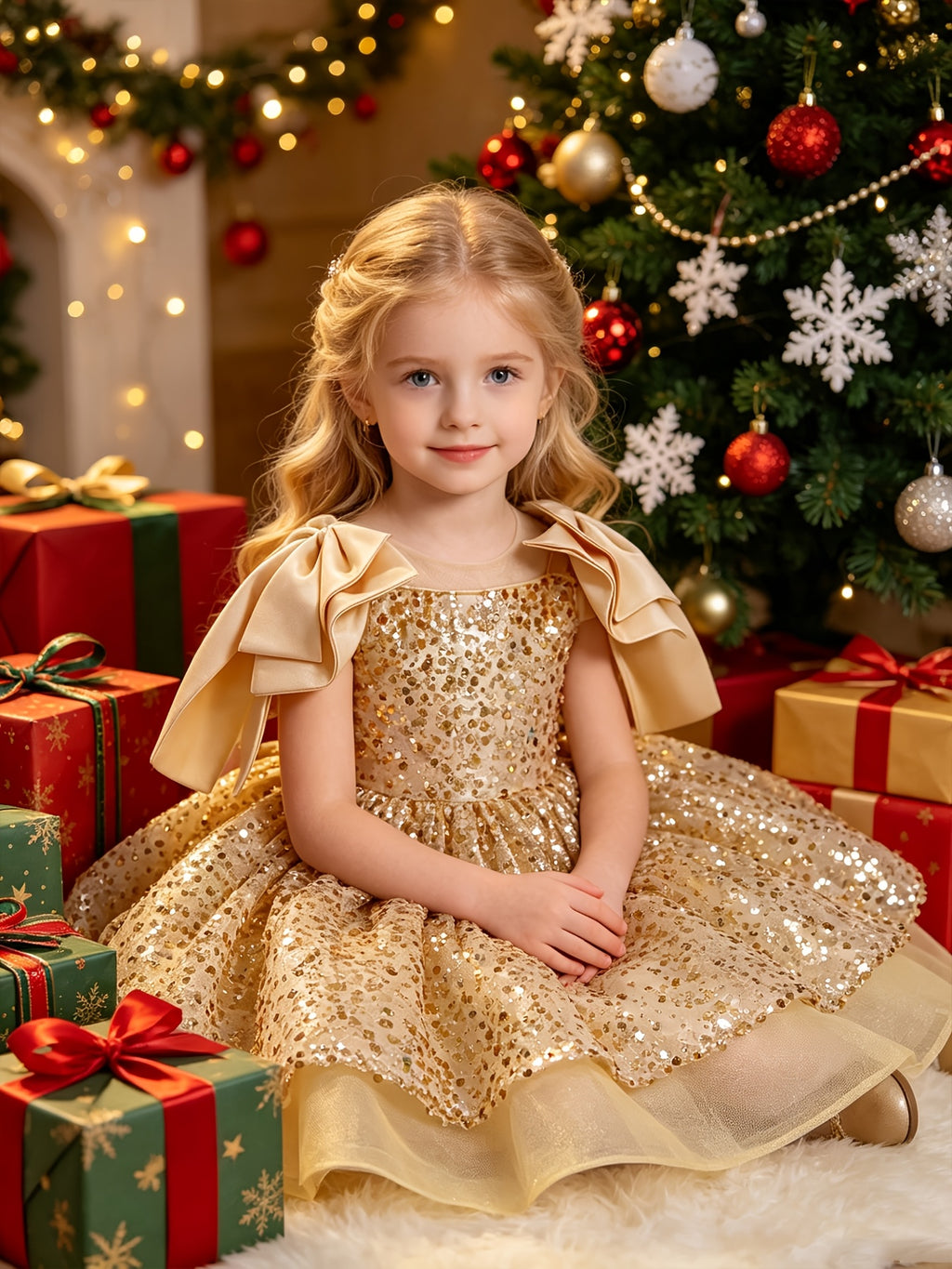 Vestido de Princesa para Niña: Vestido de Noche y Fiesta Dorada con Lentejuelas Brillantes, Volantes en los Hombros y Falda de Tul (Estilo Banquetes y Navidad) (Solo 7 - 8Y)