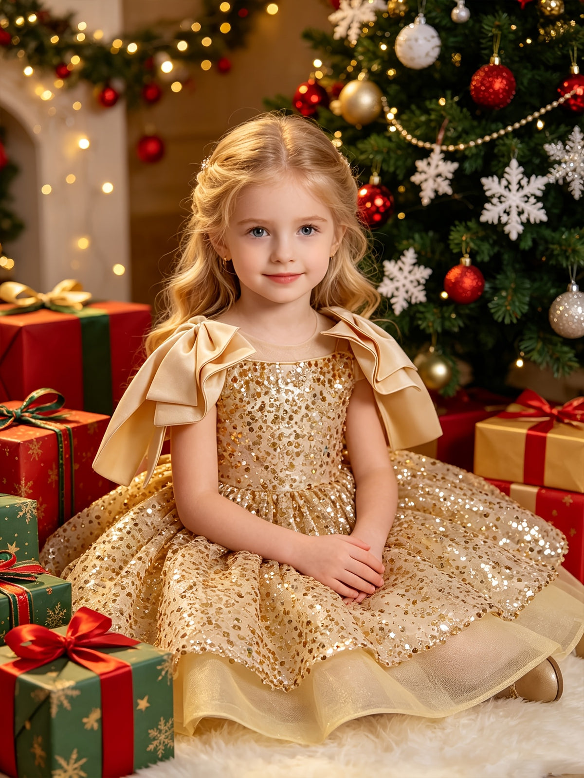 Vestido de Princesa para Niña: Vestido de Noche y Fiesta Dorada con Lentejuelas Brillantes, Volantes en los Hombros y Falda de Tul (Estilo Banquetes y Navidad) (Solo 7 - 8Y)