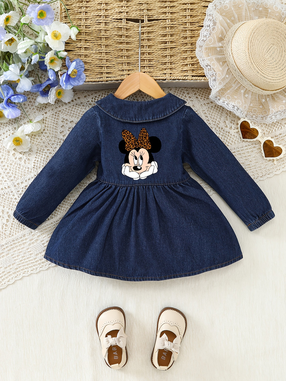 Vestido de Mezclilla de Manga Larga con Cuello Peter Pan y Estampado de Minnie Mouse de Disney para Niñas (Estilo Casual y Versátil) (6M - 3T)