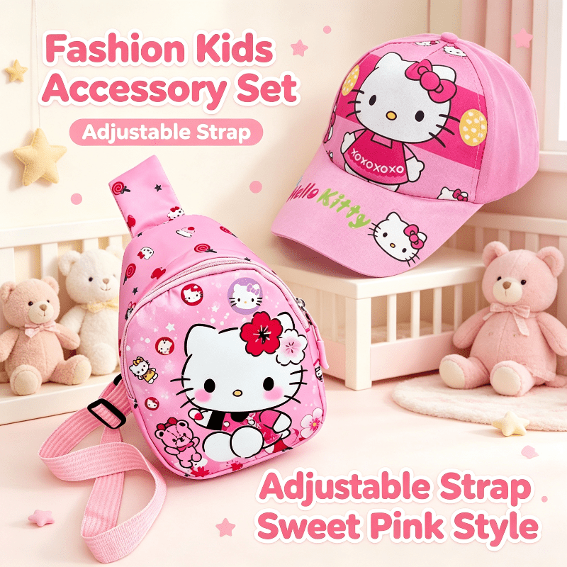 Set de 2 Piezas Sanrio Hello Kitty: Mini Mochila Cruzada de Un Hombro y Gorra Infantil (Estilo Dulce y Casual)
