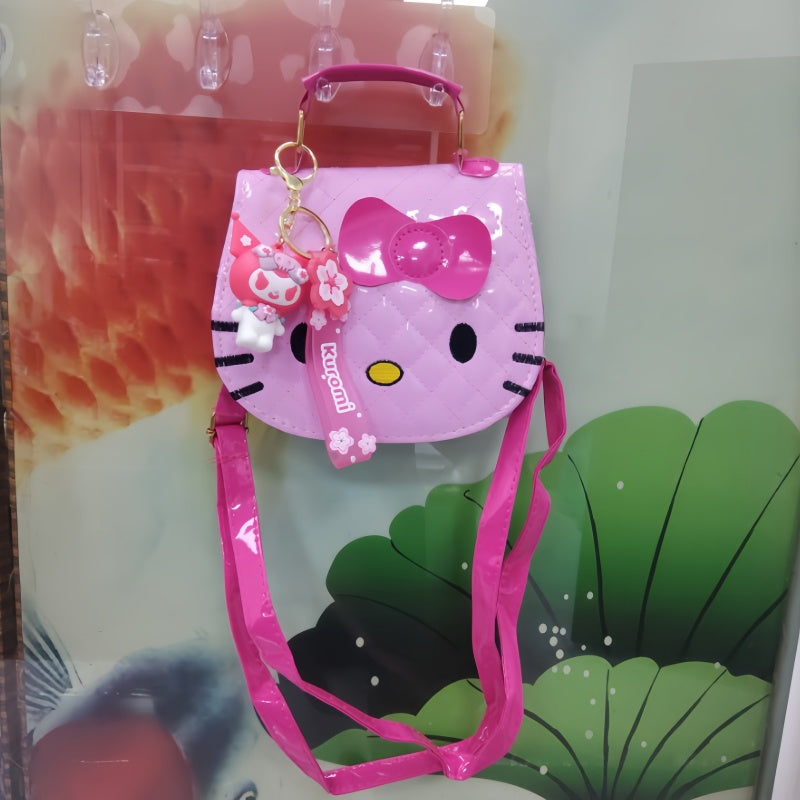 Bolso de Hombro y Mano Sanrio Hello Kitty de Alta Calidad con Lindo Dije de Regalo (Estampado Animal / Efecto Charol Rosa)
