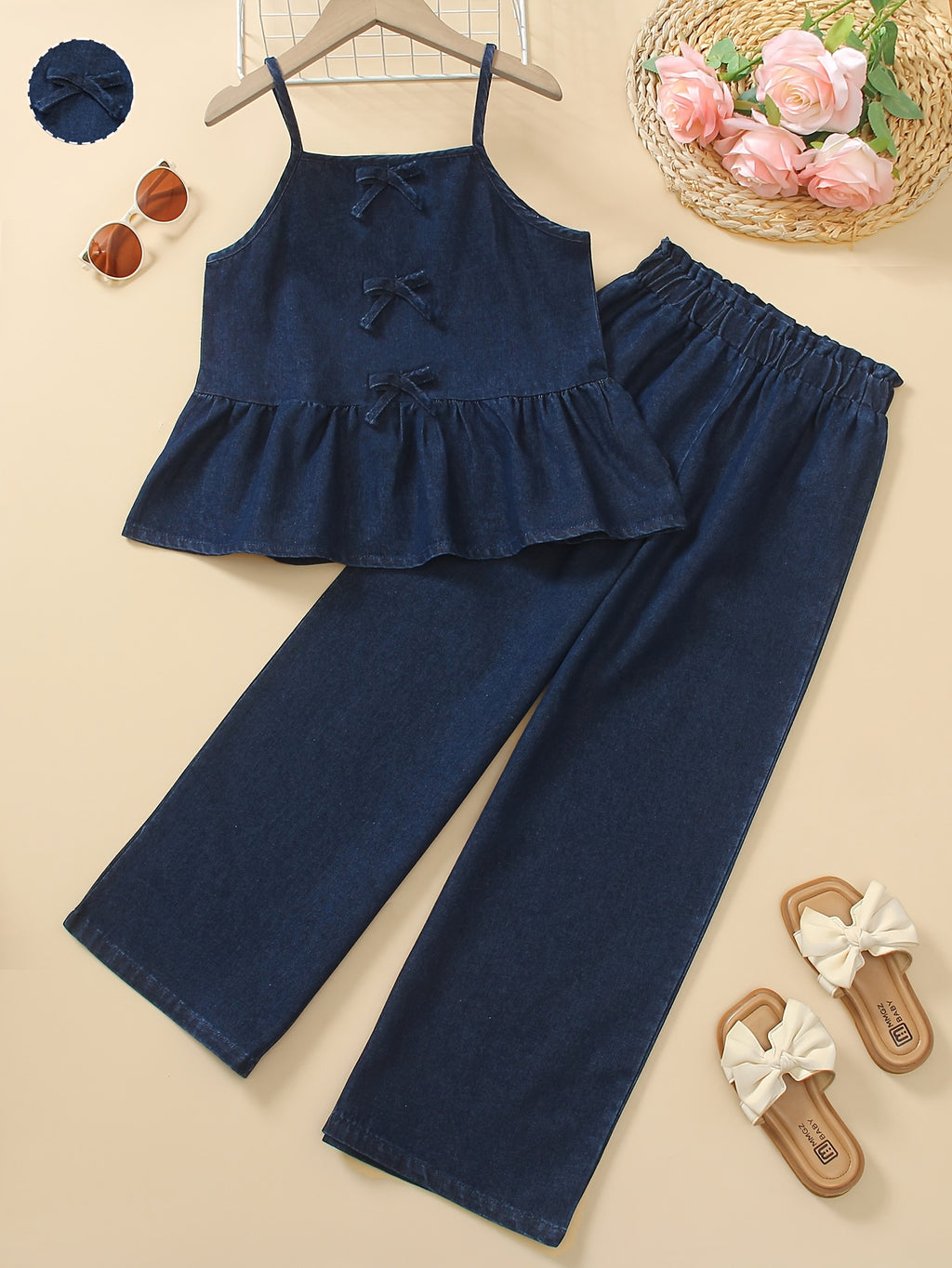 Conjunto de 2 Piezas de Camisola de Mezclilla con Volantes y Lazos + Pantalón Largo Recto para Niñas (Estilo Casual y Moderno para Primavera/Verano) (8Y - 12Y)