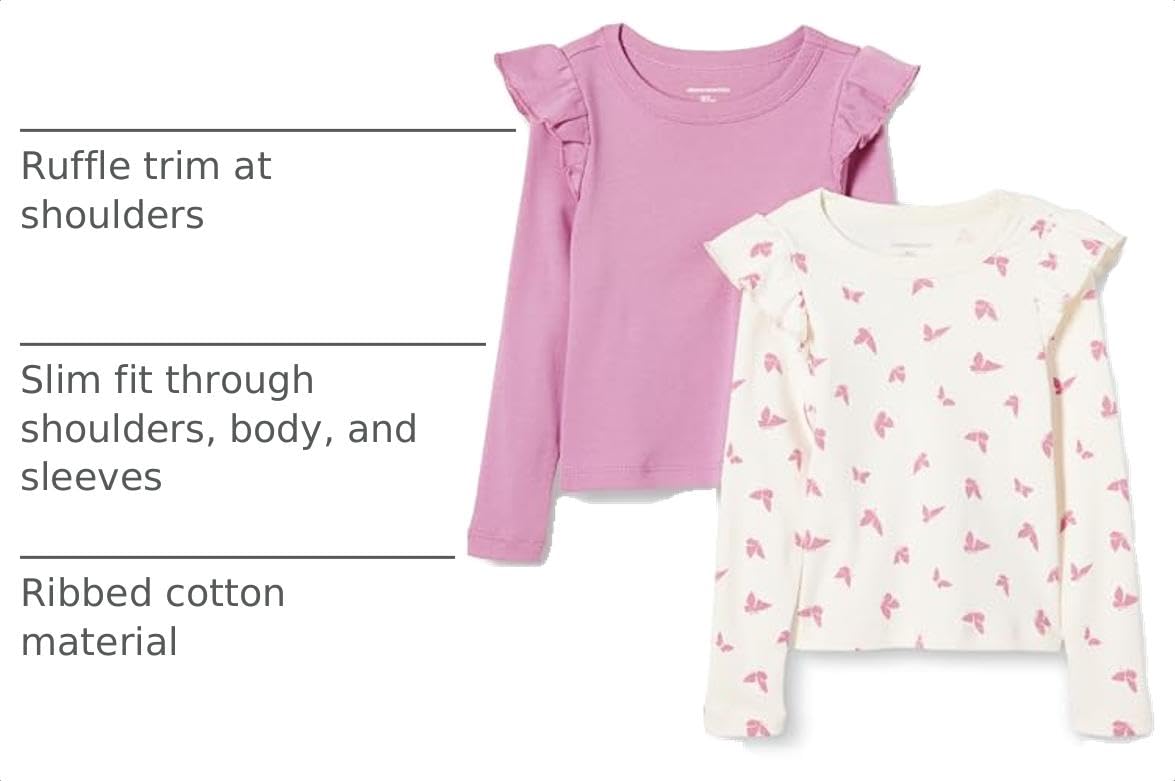 Amazon Essentials Pack x2 Camisetas Niña | Malva + Mariposas • Manga Larga con Volantes