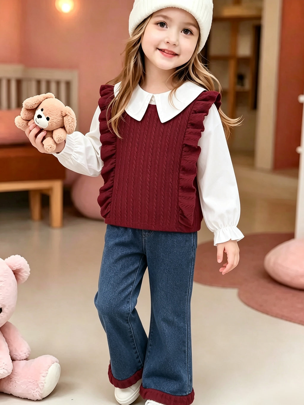 Conjunto de 2 Piezas para Niña: Camisa de Punto con Cuello y Volantes Rojos y Pantalón Largo Acampanado de Mezclilla (Estilo Invernal) (12M - 24M)