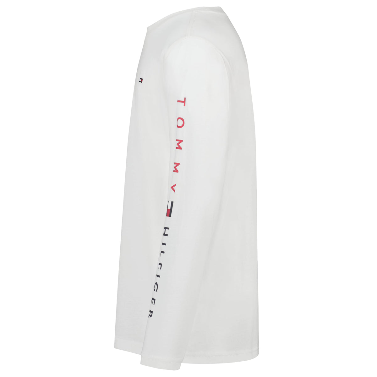 Tommy Hilfiger | Camiseta Niño Manga Larga Texto Vertical Manga Bicolor Rojo Marino Logo Bandera 100% Algodón Blanco (8-16T)