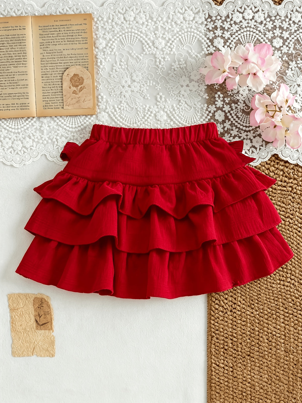 Conjunto Navideño de 2 Piezas para Niña: Blusa Negra de Manga Corta con Estampado de Astas y Falda Estilo Pastel Roja con Volantes (1T - 8T)