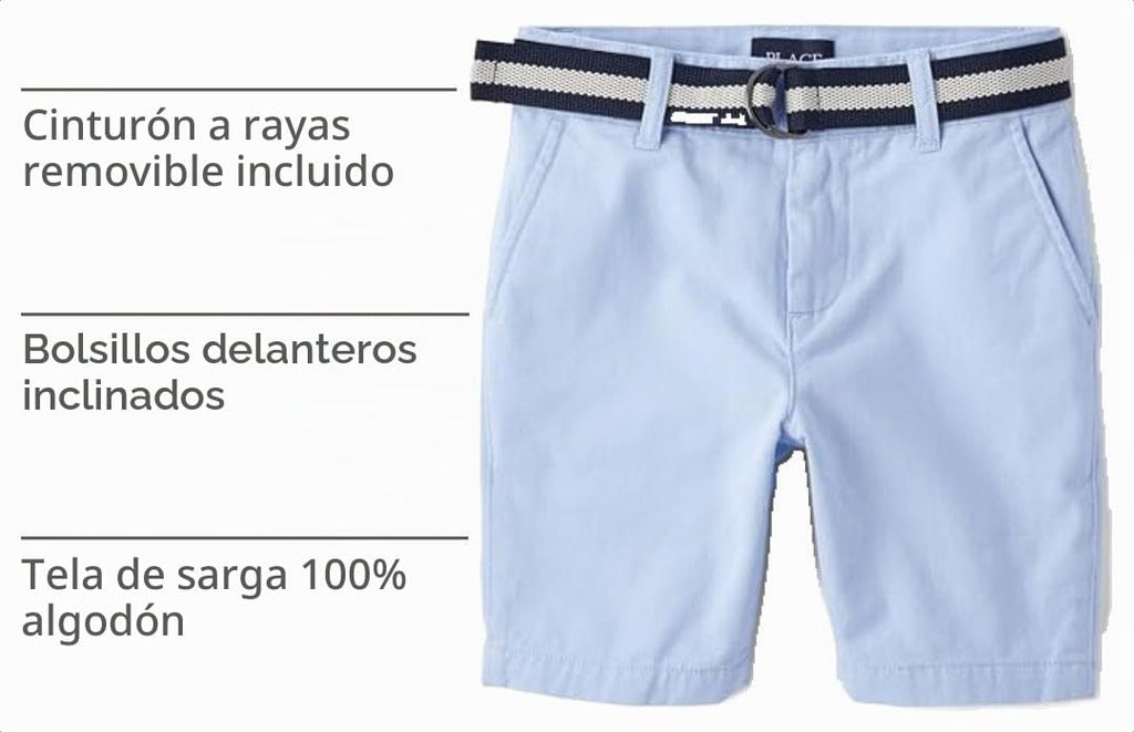 The Children's Place Short Chino Azul Cielo con Cinturón Niño | Sarga Algodón • Botón + Cremallera