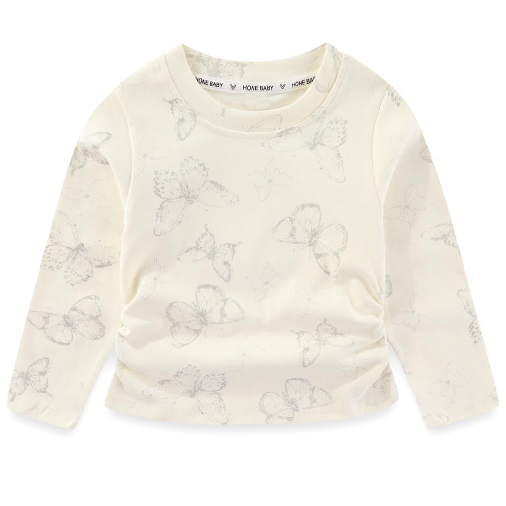 Conjunto 2 Piezas para Niña: Camiseta Crema con Mariposas Plateadas Allover y Jeans Campana con Mariposas Bordadas