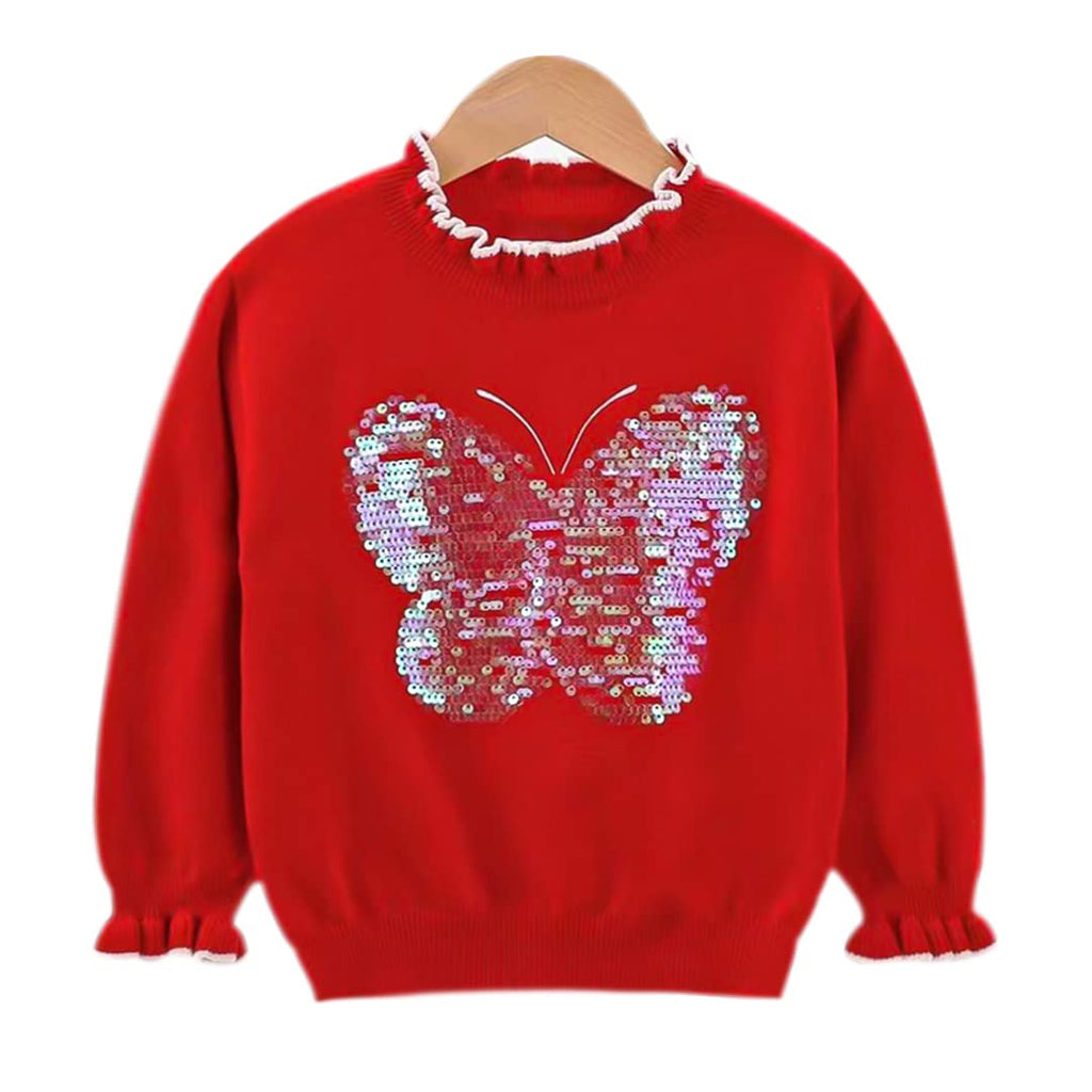 Conjunto 2 Piezas para Niña: Suéter Rojo Mariposa de Lentejuelas Plateadas y Jeans Jogger con Mariposas Bordadas