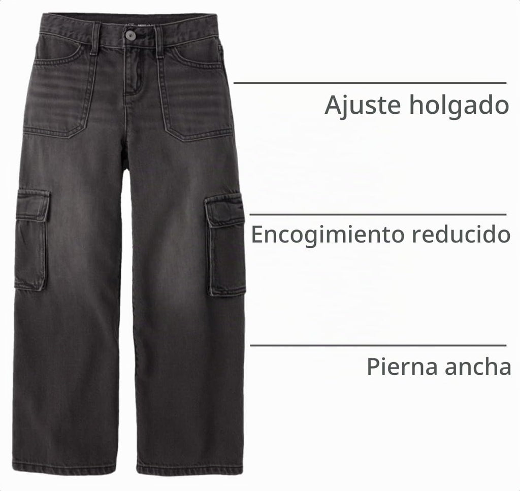 Jean Cargo Baggy The Children's Place | Thunder Wash Negro Carbón + Costuras Contraste + Bolsillos Cargo | Niña (4T - 16T)