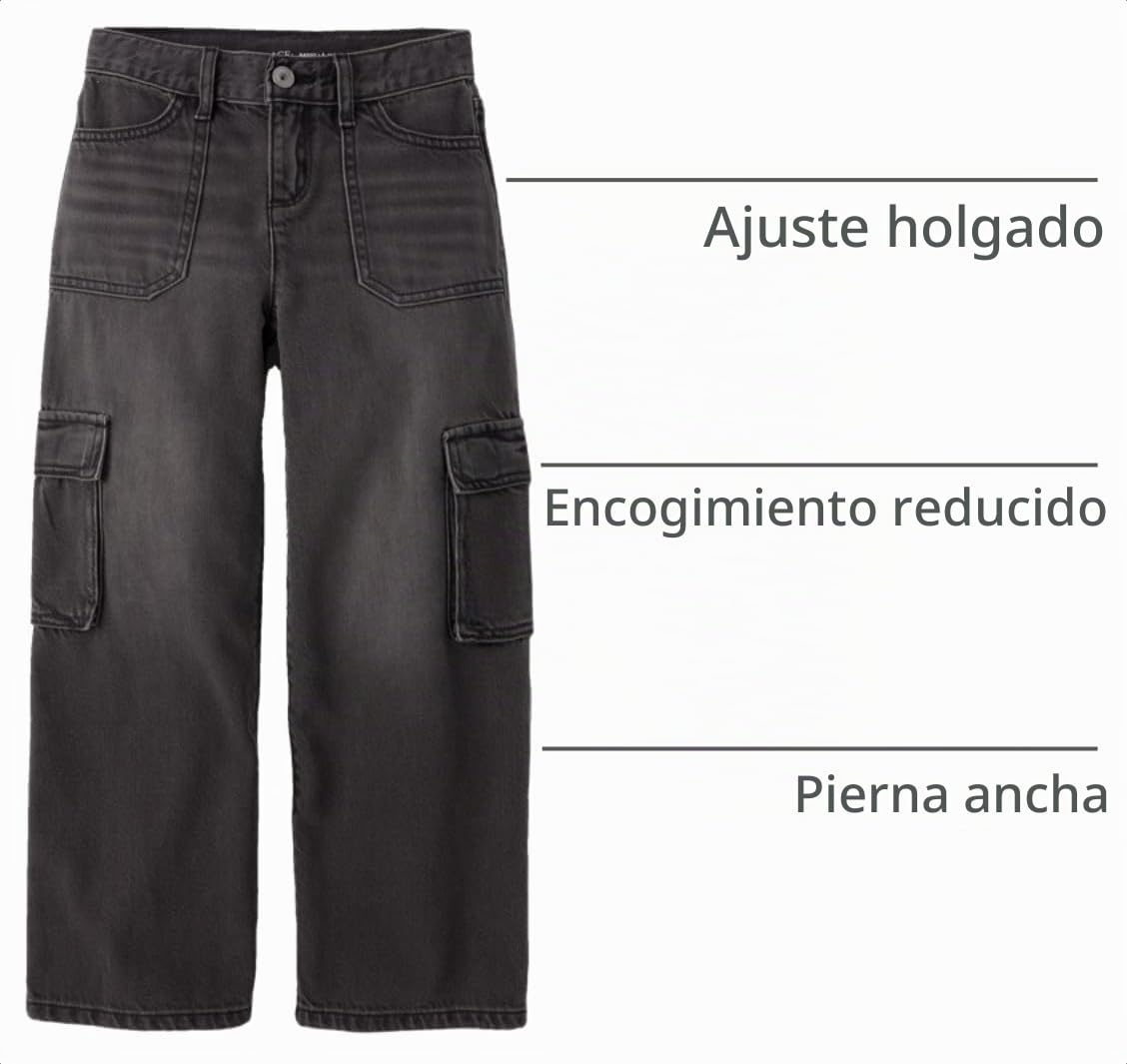 Jean Cargo Baggy The Children's Place | Thunder Wash Negro Carbón + Costuras Contraste + Bolsillos Cargo | Niña (4T - 16T)