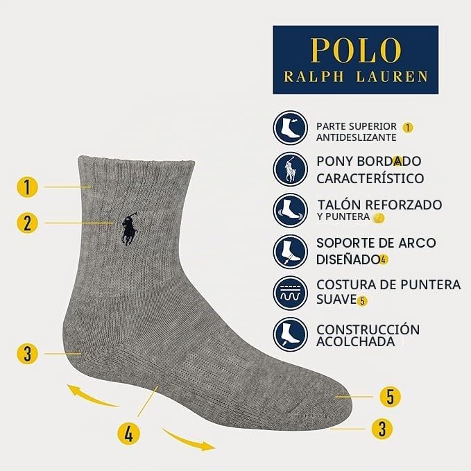 Polo Ralph Lauren | Calcetines Niño Pack 6 Algodón Clásico Negro Gris Blanco Surtido Pony