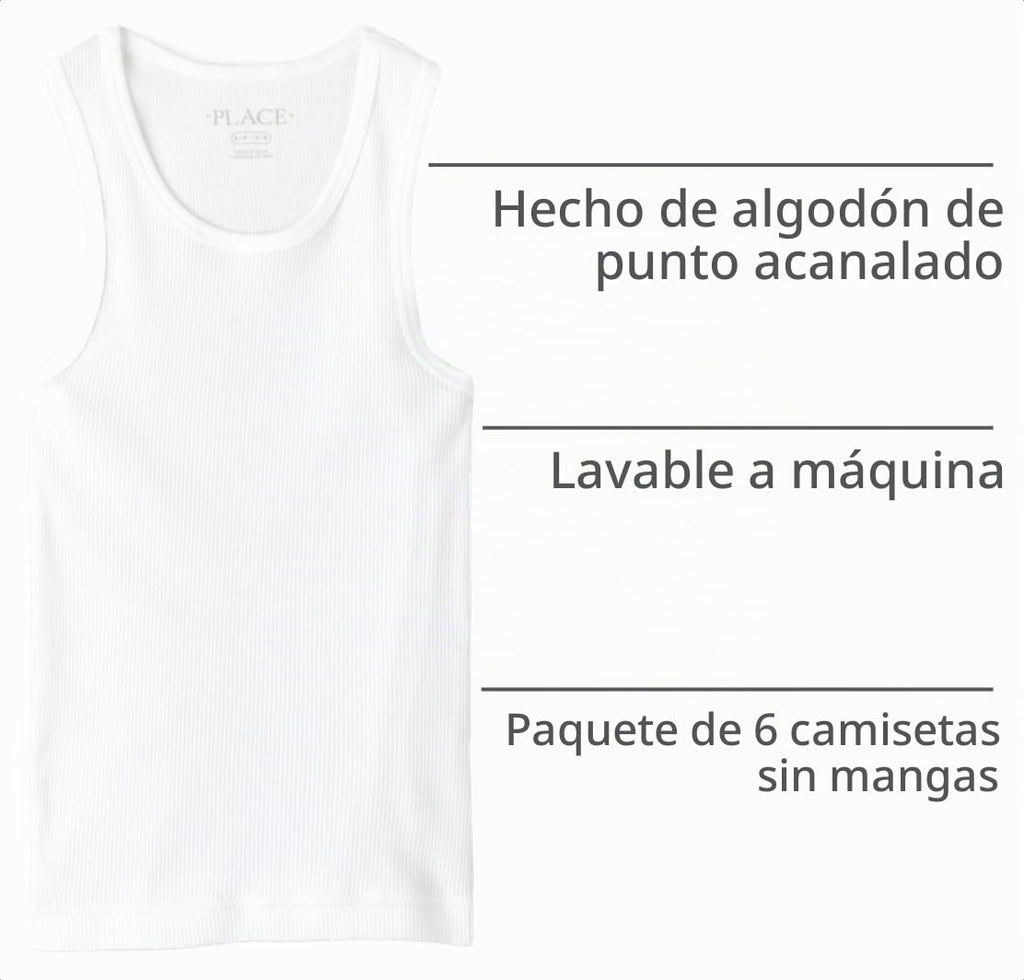 The Children's Place | Camisetas Sin Mangas Niño Pack 6 Algodón Acanalado Blanco Tank Top (2T - 16T)