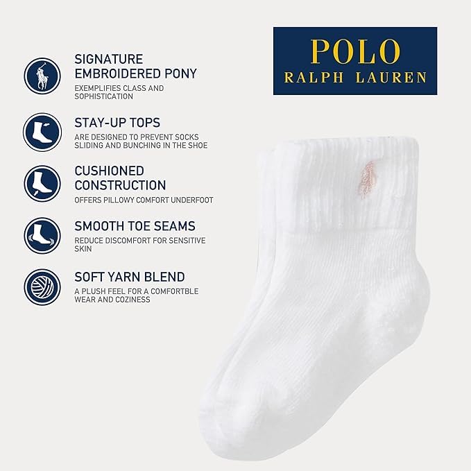 Polo Ralph Lauren | Calcetines Bebé Niña Pack 6 Algodón Pony Bordado Stay-Up Tobillero Blanco Rosa 0-24 Meses
