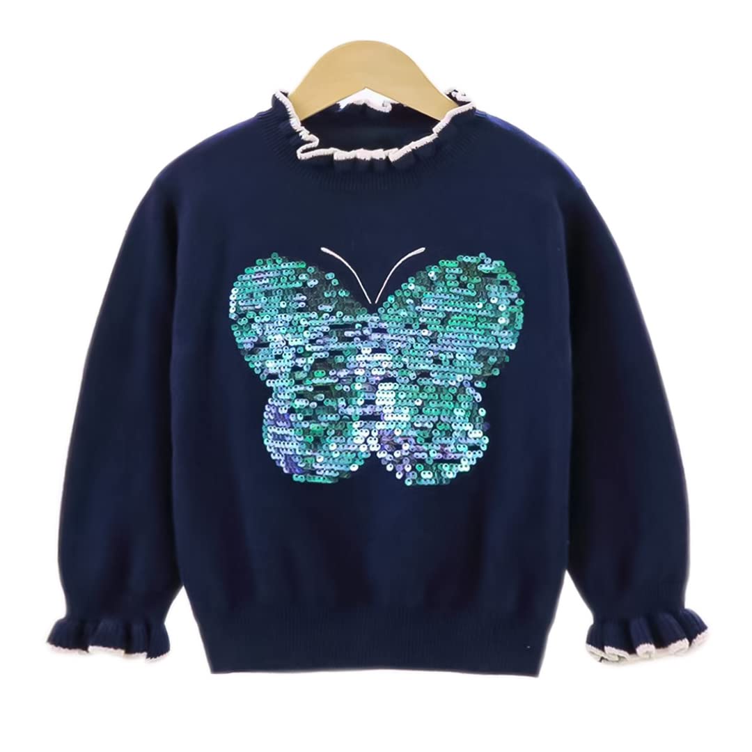 Conjunto 2 Piezas para Niña: Suéter Navy Mariposa de Lentejuelas Verde Esmeralda y Jeans Jogger con Mariposas Bordadas