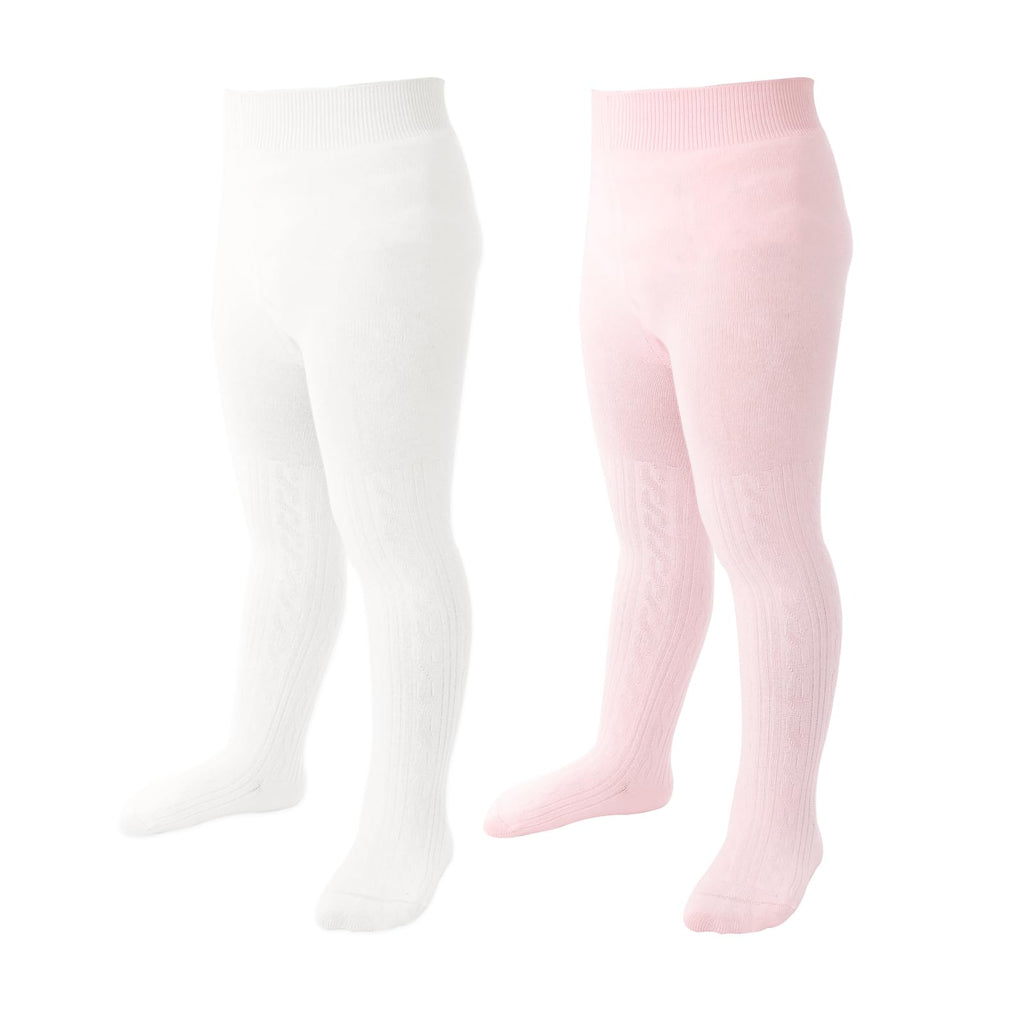 Pack 3 Mallas Punto Trenzado Cable Knit Mini Angel | Sin Costura + Algodón Peinado + Negro Blanco Rosa | Bebé Niña 0-6 Años