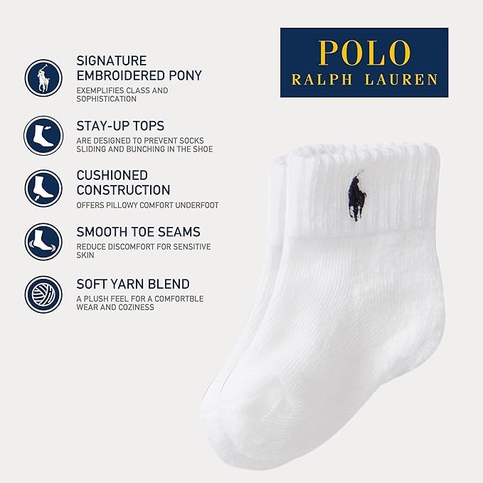 Polo Ralph Lauren | Calcetines Bebé Pack 6 Algodón Pony Bordado Marino Stay-Up Tobillero Blanco Puro 0-24 Meses