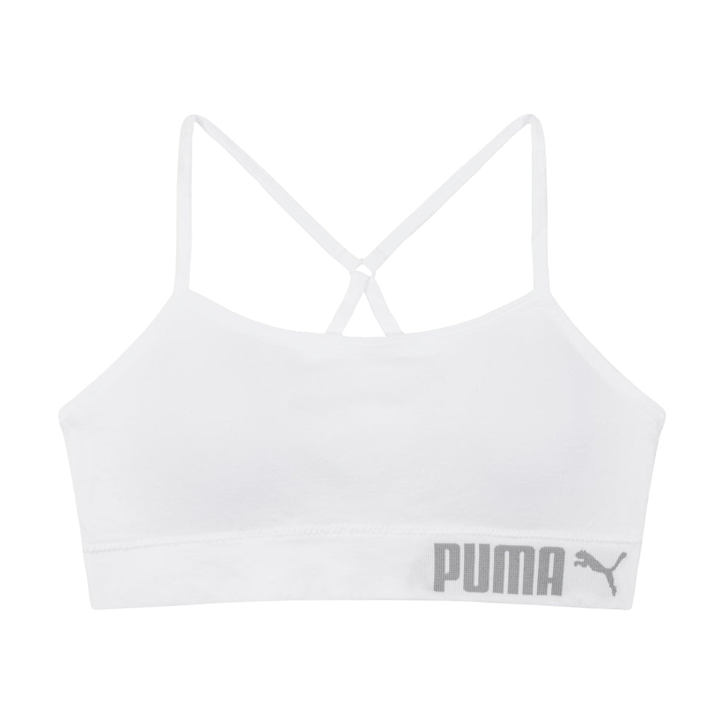 PUMA | Bralette Nina Pack 2 | 94% Nailon 6% Licra | Sin Costuras | Correas Espagueti Ajustables | Galletas Removibles | Gris Claro Jaspeado + Blanco (6 - 14T)