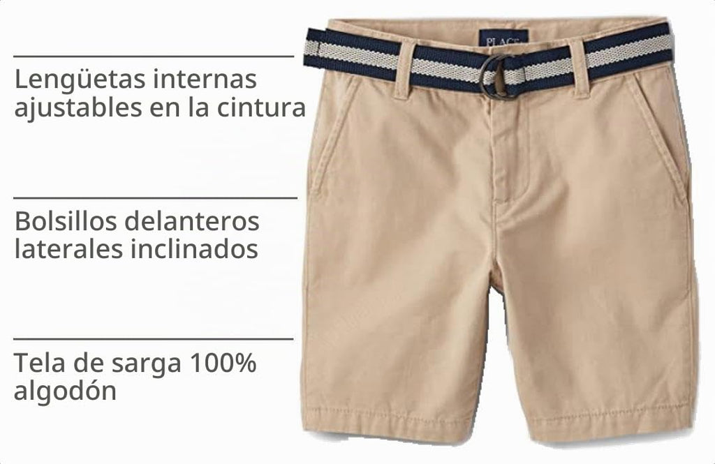 The Children's Place Short Chino Khaki con Cinturón Niño | Sarga Algodón • Botón + Cremallera