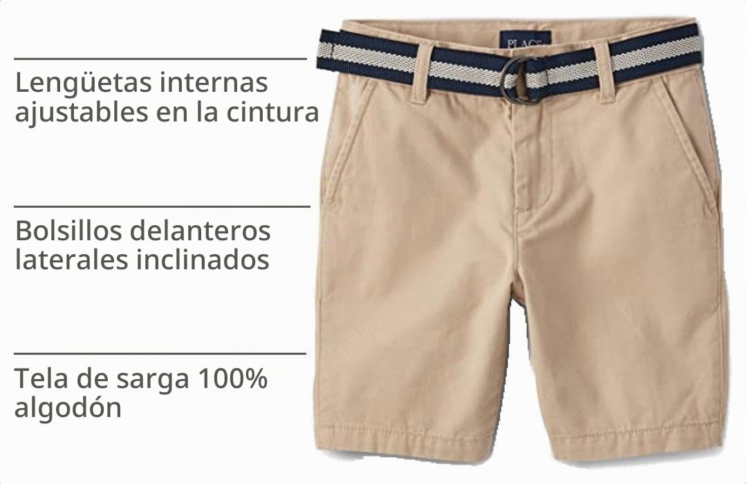 The Children's Place Short Chino Khaki con Cinturón Niño | Sarga Algodón • Botón + Cremallera
