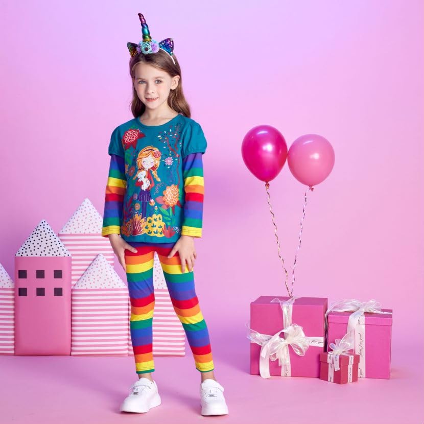 Conjunto 2 Piezas Top y Leggings con Niña en Jardín para Niñas – Azul Verdoso con Rayas Arcoíris, Algodón (Solo 3T)