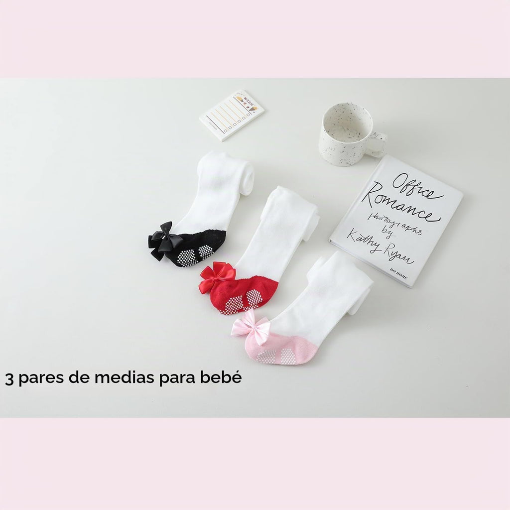 Pack 3 Mallas Antideslizantes con Lazo EPEIUS | Agarre Completo + Algodón Peinado + Blanco Rojo Rosa Negro | Bebé Niña 0-24M)