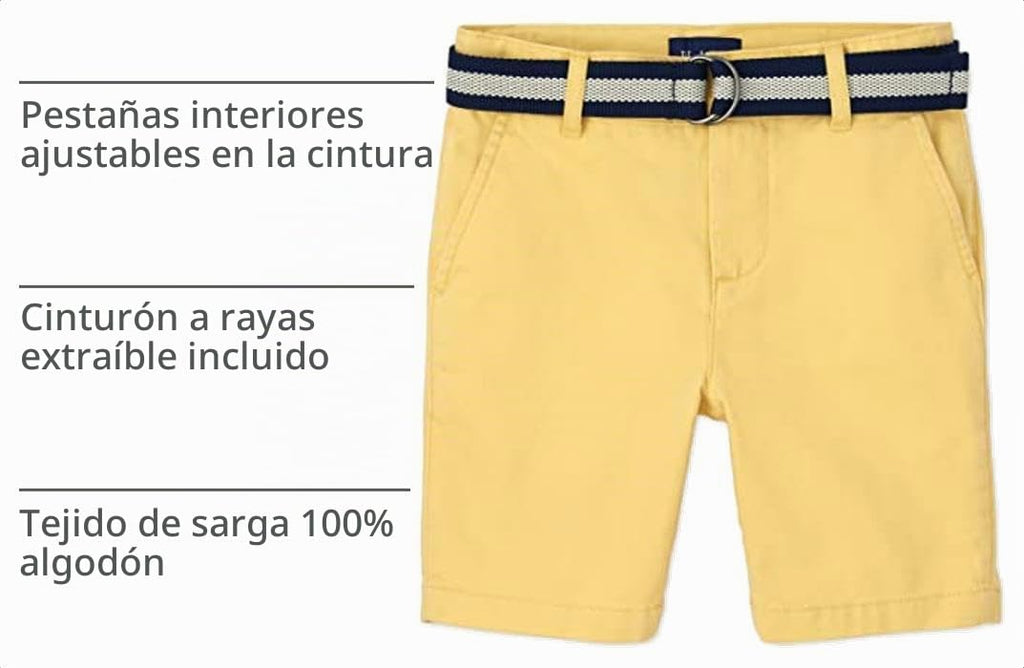 The Children's Place Short Chino Amarillo Dorado con Cinturón Niño | Sarga Algodón • Botón + Cremallera