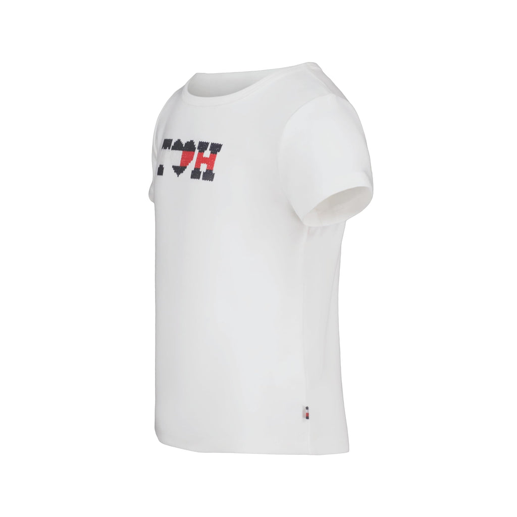 Tommy Hilfiger | Camiseta Nina Manga Corta | 100% Algodon | Cuello Redondo | Monograma T♥H Lentejuelas Navy + Rojo | Corte Ajustado | Blanco (7 - 16T)