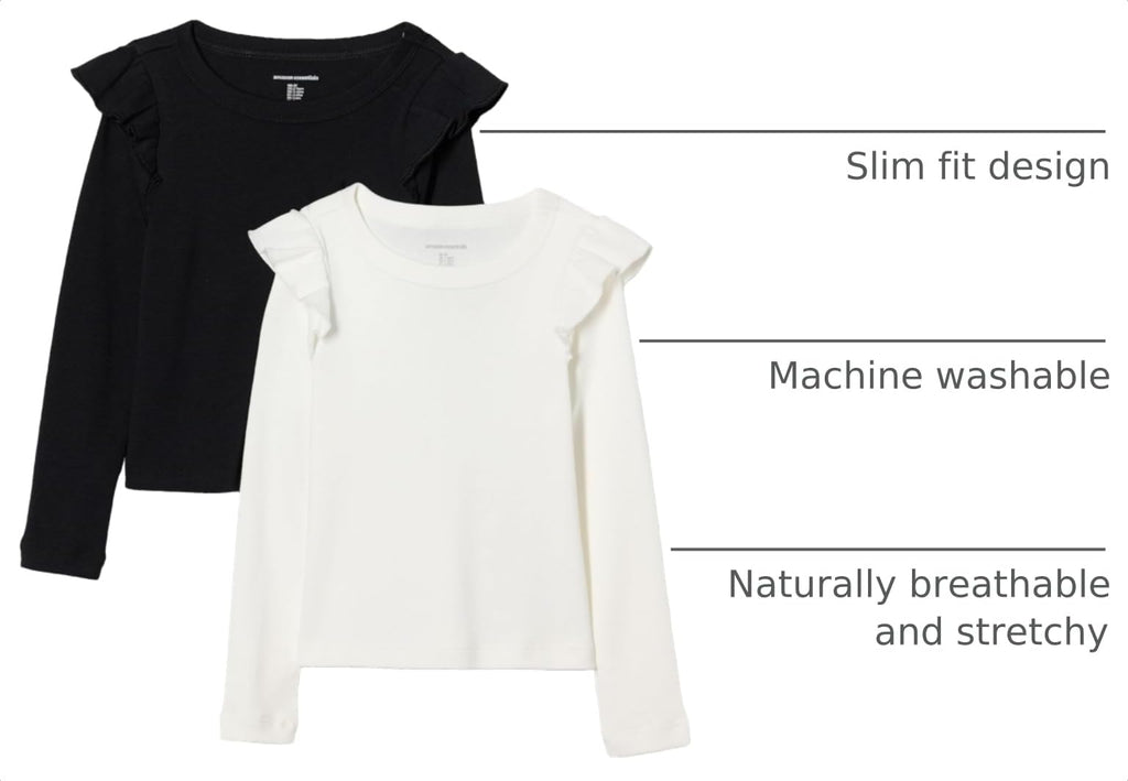 Amazon Essentials Pack x2 Camisetas Niña | Negro + Blanco • Manga Larga con Volantes