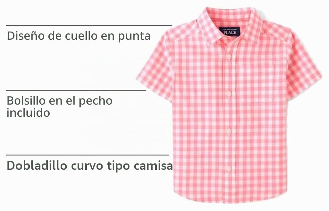 The Children's Place | Camisa Popelín Manga Corta Gingham Rosa Coral Blanco Bebé Niño (6M - 5T)