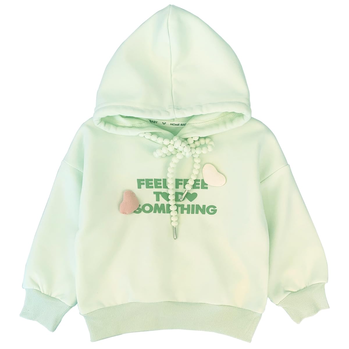 Conjunto 2 Piezas para Niña: Hoodie Mint “Feel Free” con Cordón de Perlas y Jeans con Corazones Bordados y Encaje