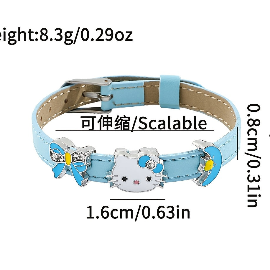 Pulsera Estilo Correa de Cuero Sintético Sanrio Hello Kitty Azul con Dijes Decorativos de Lazo (Diseño Kawaii y Ajustable)