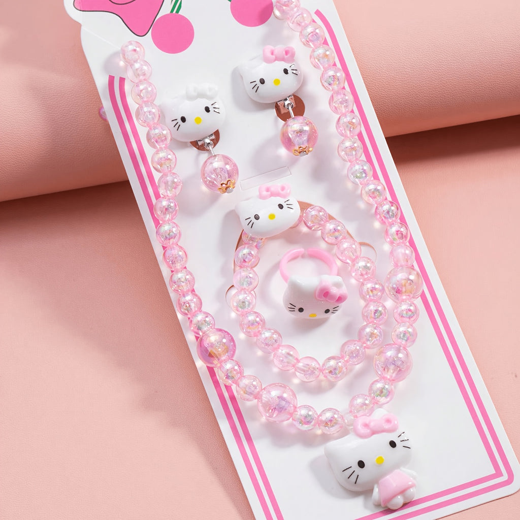 Conjunto de Joyería Infantil de 5 Piezas: Collar, Pulsera, Anillo y Aretes con Dije de Gato y Cuentas Acrílicas Rosas (Estilo Kawaii)